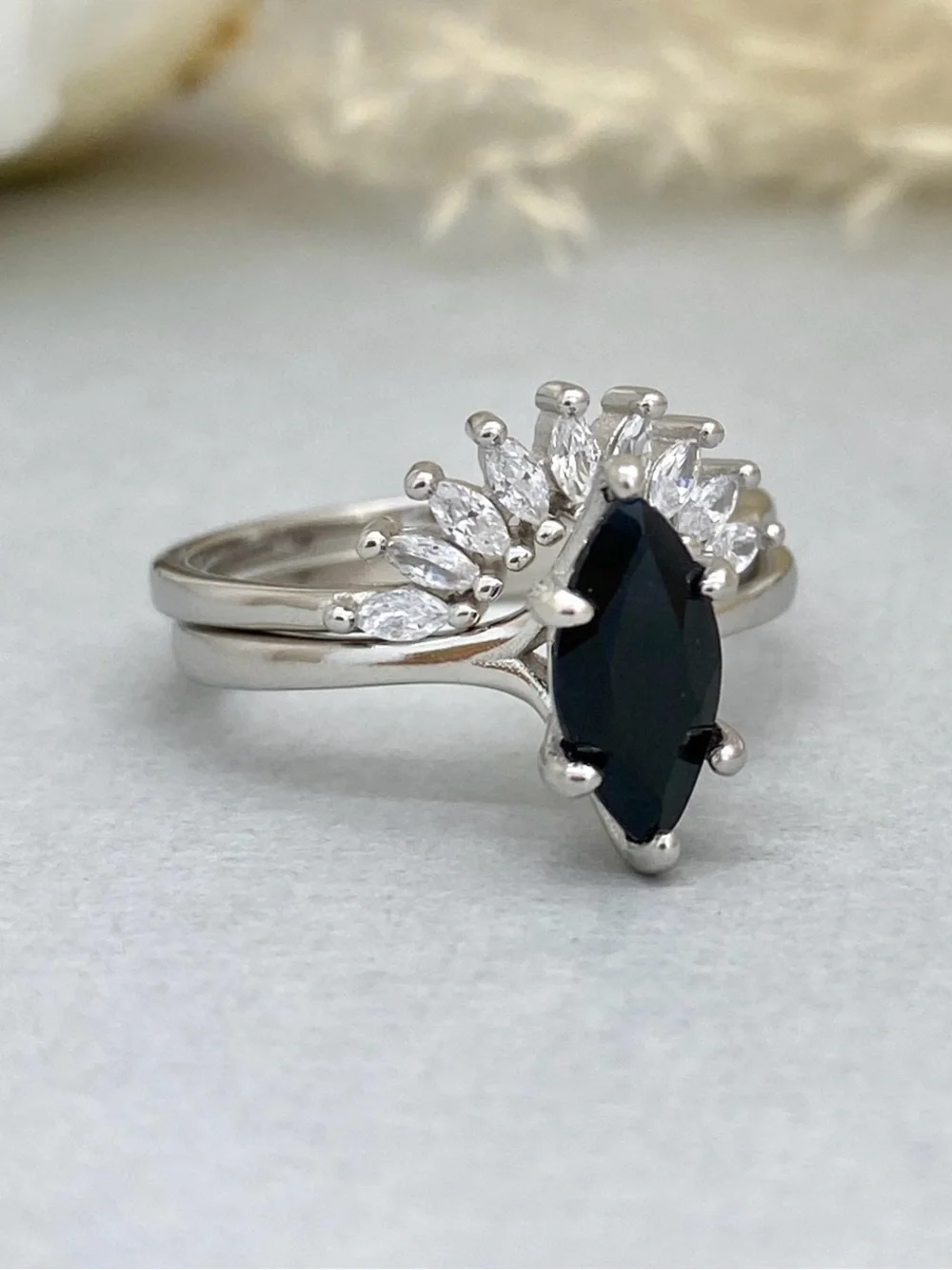 Black CZ Marquise Cut 2pc Sterling Silver Solitaire Stacking Band Ring Set